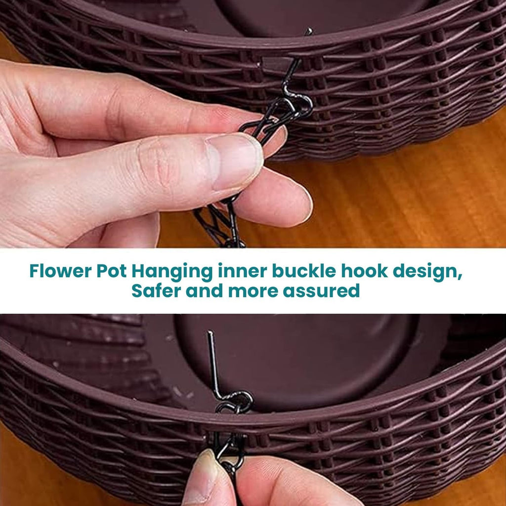 GoHooked dark brown plastic rattan hanging basket with metal chain, 7.1 inch diameter, set of 3
