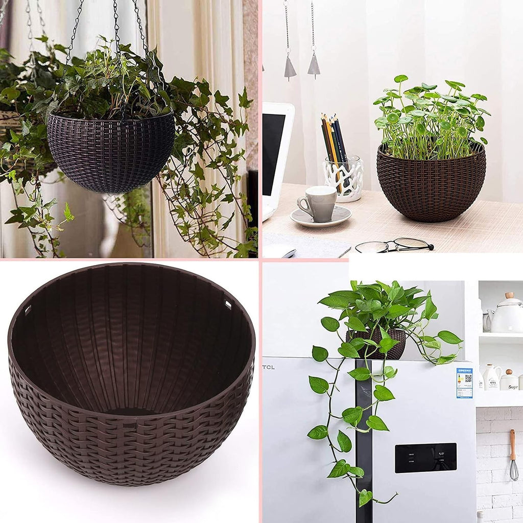 GoHooked set of 3 dark brown plastic rattan hanging baskets with metal chains. Ideal for indoor/outdoor use.