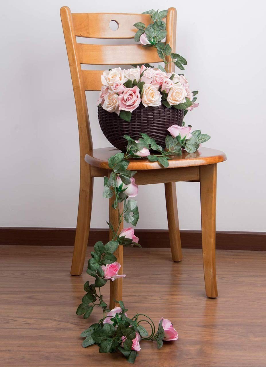 GoHooked dark brown plastic rattan hanging basket with metal chain, filled with pink and cream roses.