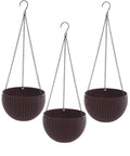 GoHooked set of 3 dark brown plastic rattan hanging baskets with metal chains. Round woven texture, 7.1 inch diameter.
