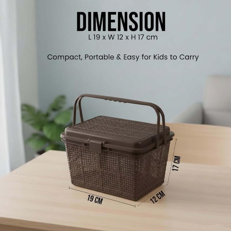 GoHooked dark brown plastic picnic storage basket with lid and handle, ideal for toys, diapers, and essentials.