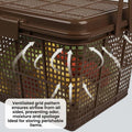 GoHooked dark brown plastic picnic storage basket with lid and handle, ventilated grid pattern.