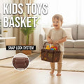 Go Hooked dark brown plastic kids toy basket with snap lock lid and handle, holding rubber ducks and other toys.