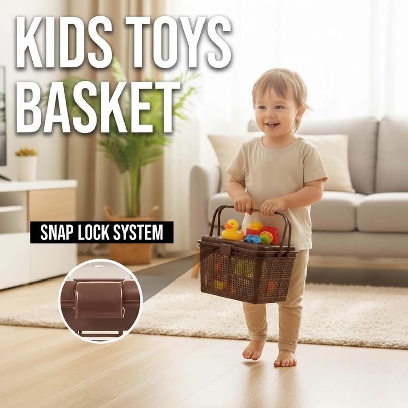 Go Hooked dark brown plastic kids toy basket with snap lock lid and handle, holding rubber ducks and other toys.
