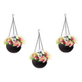 GoHooked dark brown plastic hanging rattan planter with colorful flowers. Set of 3.