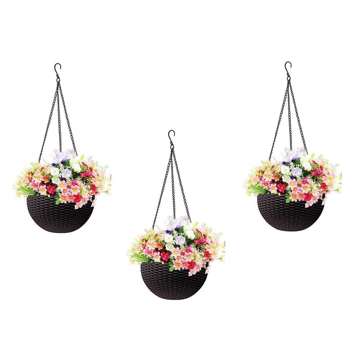 GoHooked dark brown plastic hanging rattan planter with colorful flowers. Set of 3.