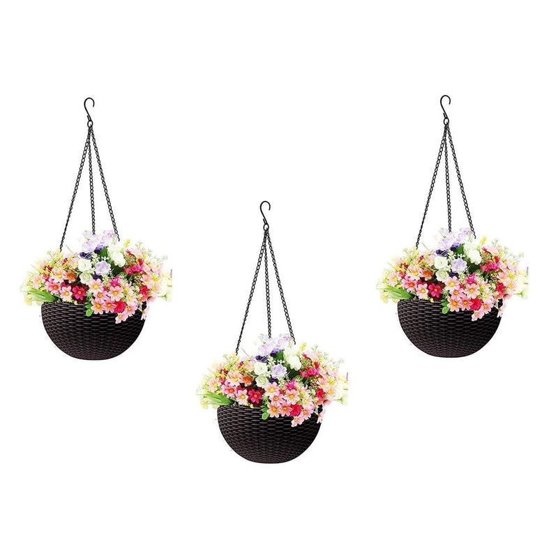 GoHooked dark brown plastic hanging rattan planter with colorful flowers. Set of 3.