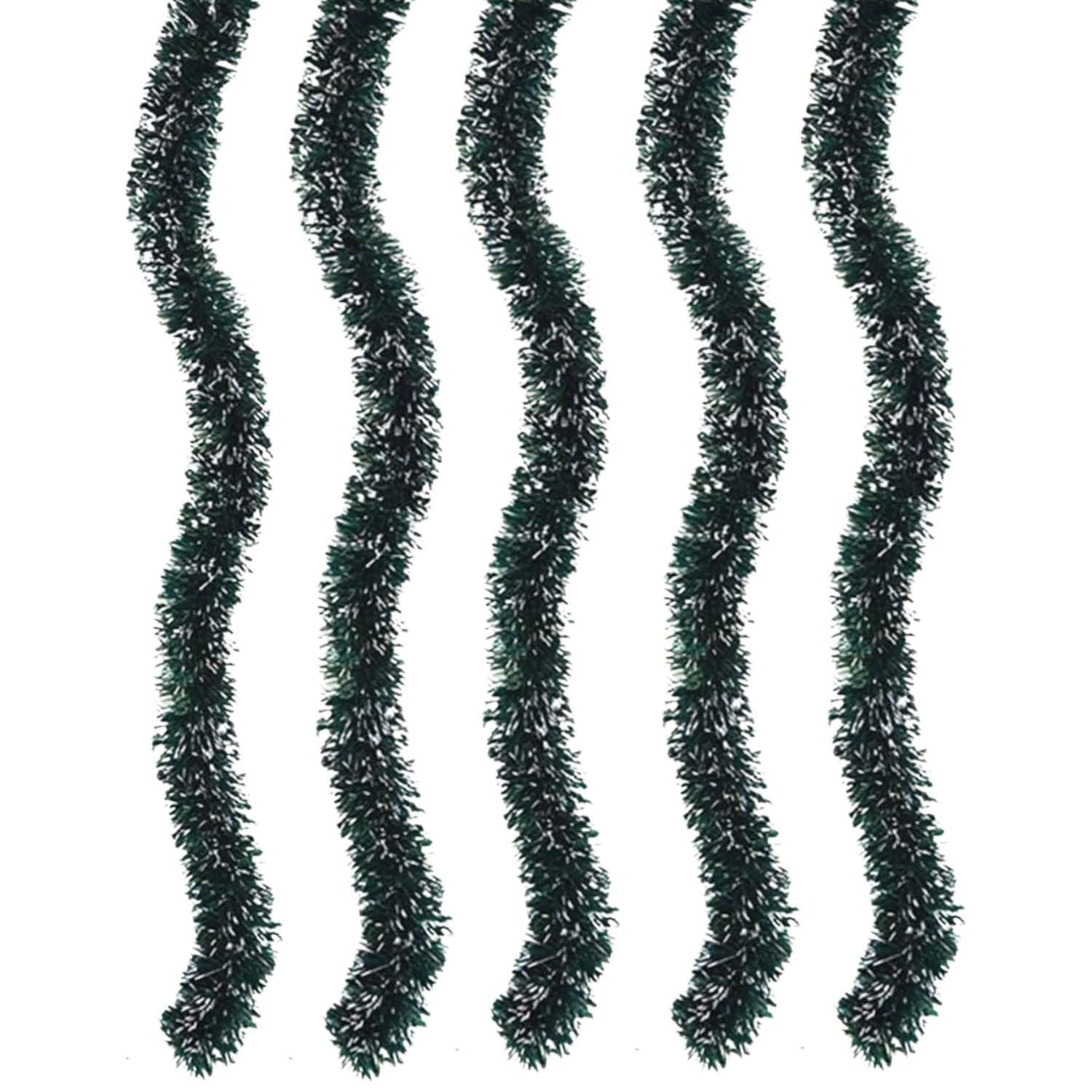 GoHooked 5 pcs dark green tinsel garland with white accents, perfect for Christmas tree decoration and party decor.