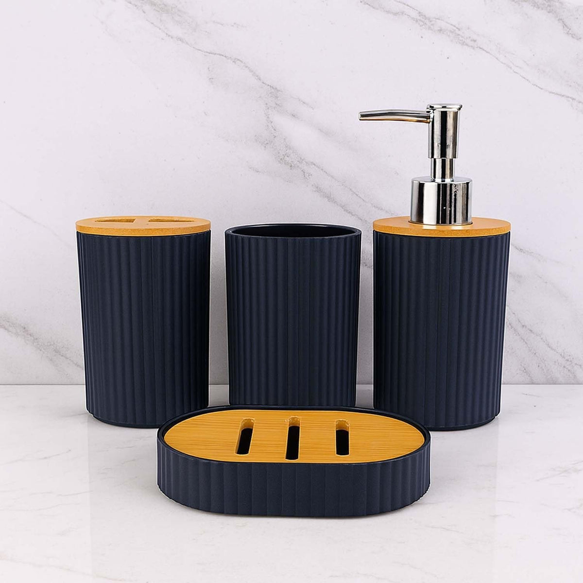 Go Hooked dark grey ribbed bathroom accessory set with bamboo lids and accents, including soap dispenser, tumbler, toothbrush holder, and soap dish.