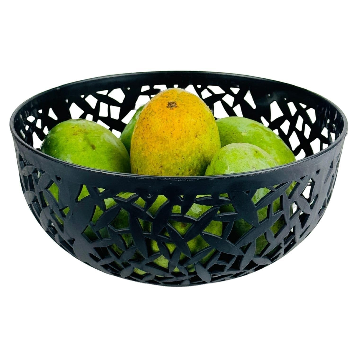 GoHooked dark grey plastic fruit bowl with decorative cutouts, holding green and yellow fruits.