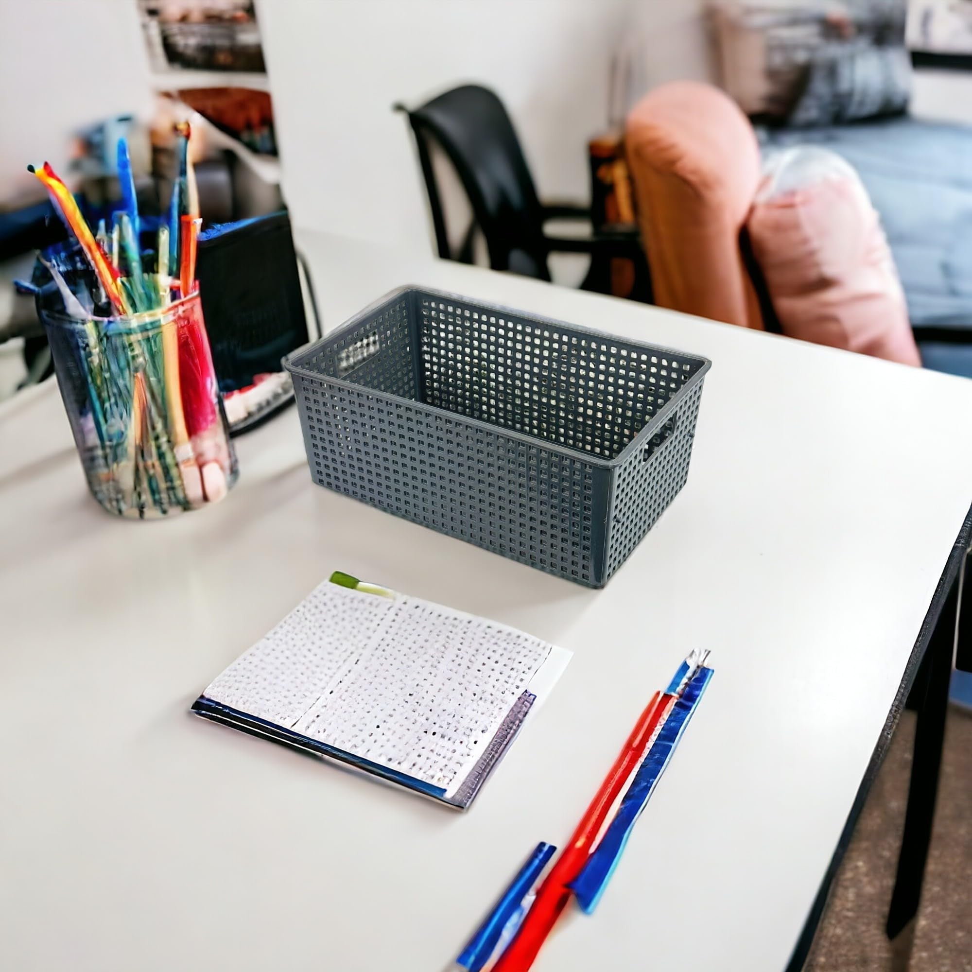 GoHooked dark grey plastic storage bin with perforated sides and handles, ideal for home or office organization.