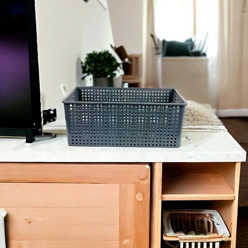 Go Hooked dark grey plastic storage bin with perforated sides, ideal for home or office organization.