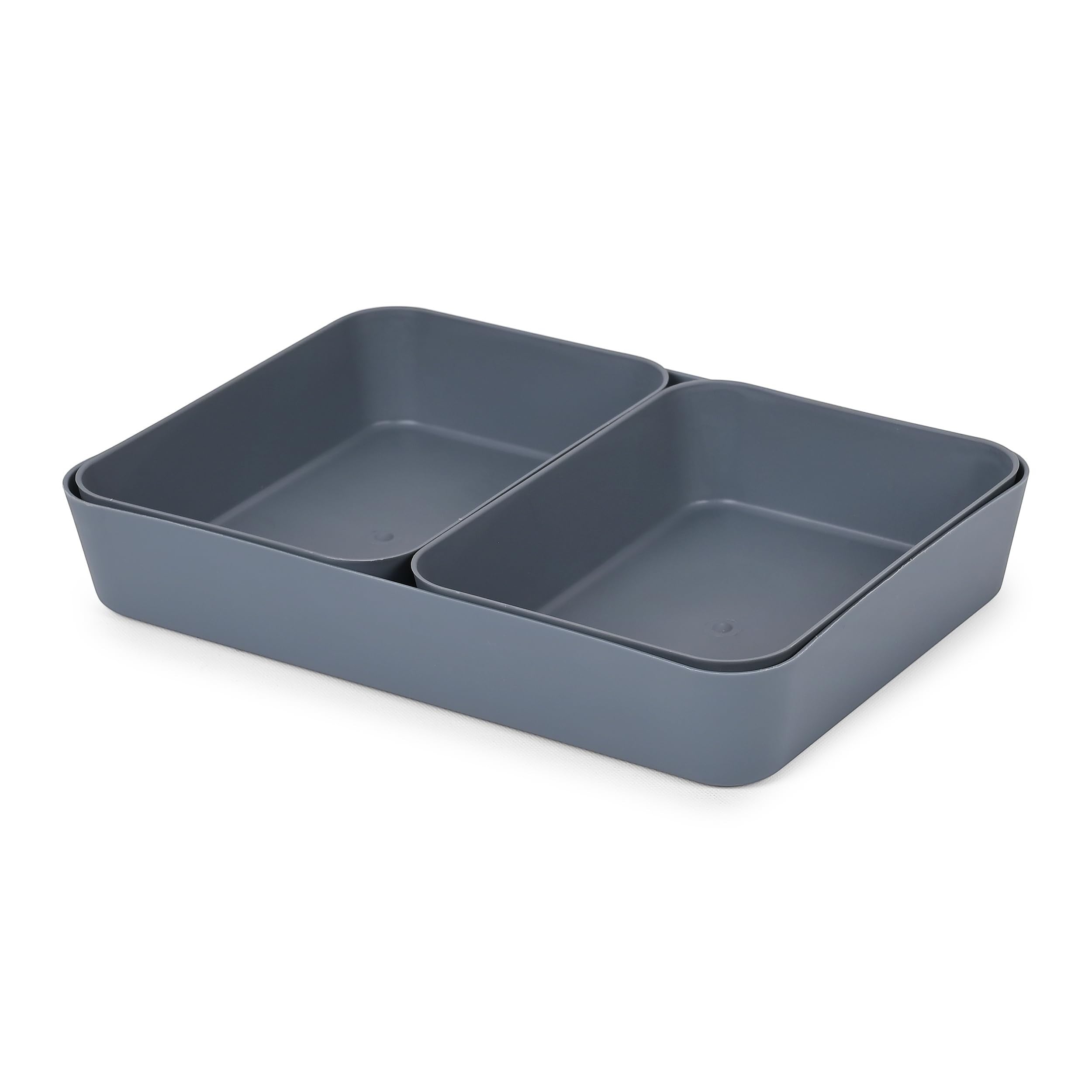 GoHooked set of 3 dark grey plastic storage trays, multipurpose organizers for kitchen, office, makeup, and stationery.