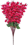 GoHooked dark pink artificial cherry blossom orchid flower bunch with 7 branches and green leaves, made of polyester and plastic.