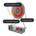 GoHooked dartboard drinking game with metal board, 4 plastic magnetic darts, and 4 themed shot glasses. Fun bar game for parties.