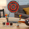 GoHooked dartboard drinking game with 4 shot glasses and 4 darts on a wooden table, perfect for parties.