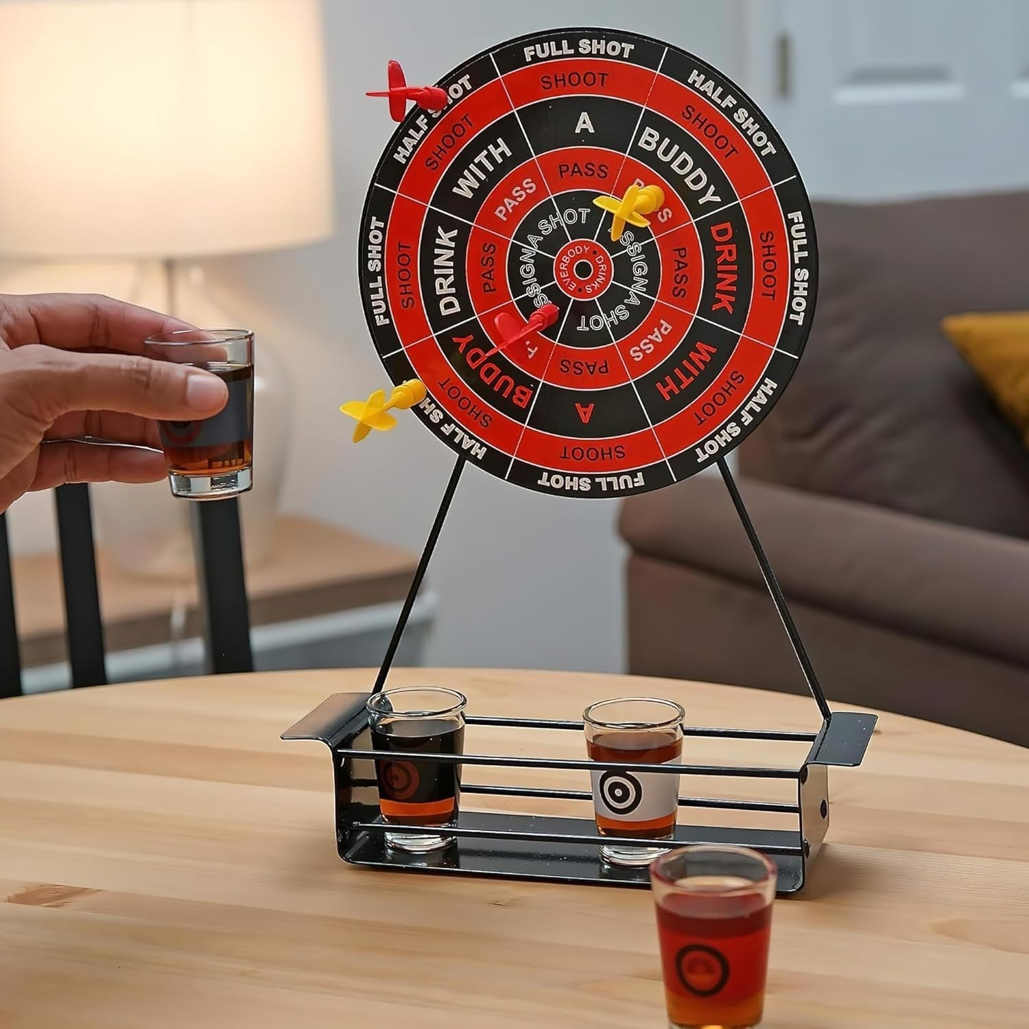 GoHooked dartboard drinking game with red and black design, 4 shot glasses, and 4 darts. Perfect for parties.
