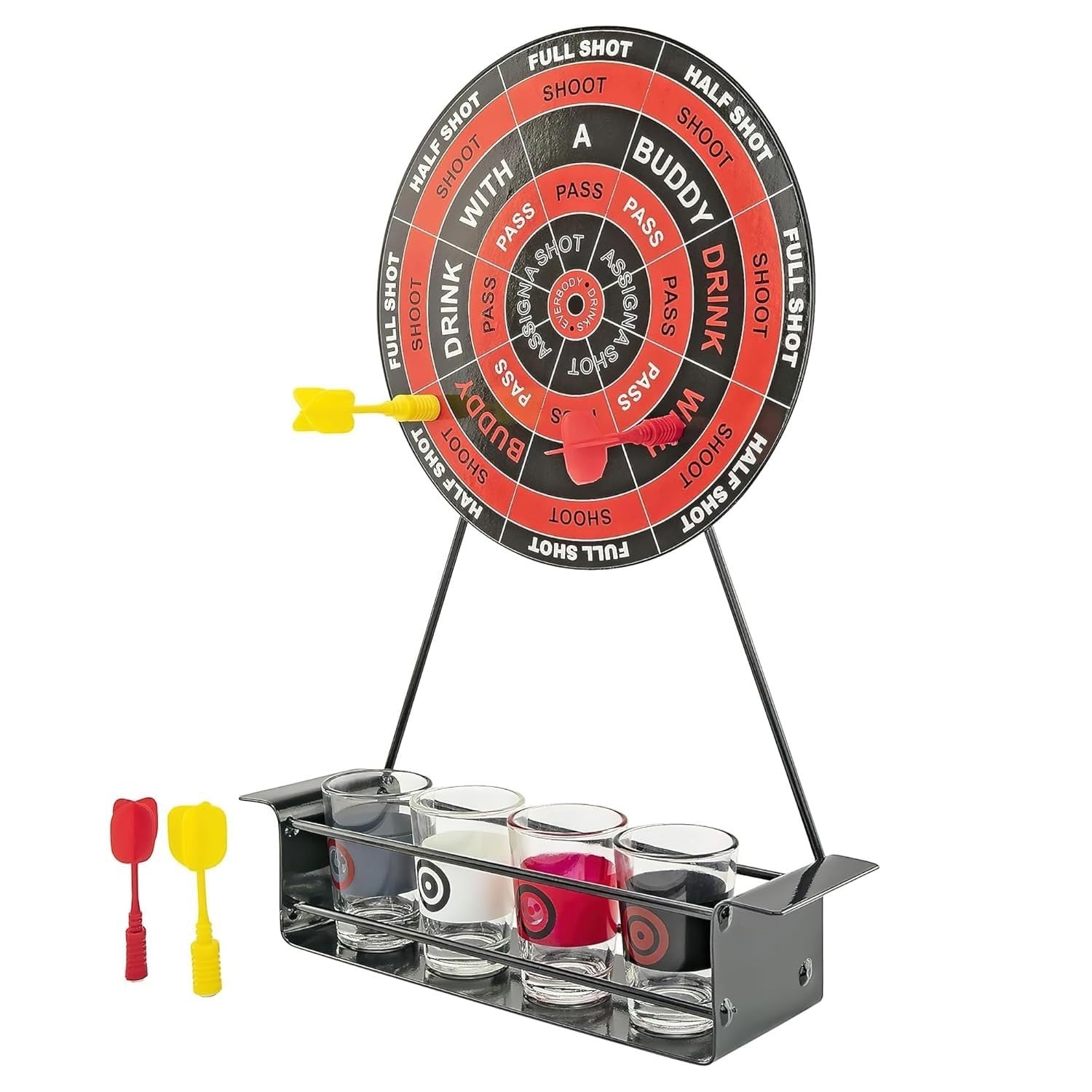 GoHooked dartboard drinking game with 4 shot glasses and 4 darts. Red and black board with drink commands.