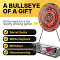 GoHooked dartboard drinking game with 4 shot glasses and 4 darts, featuring a multicolor board with drinking commands.