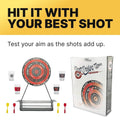 GoHooked dartboard drinking game with 4 shot glasses and 4 darts, featuring a multicolor board with drink commands.