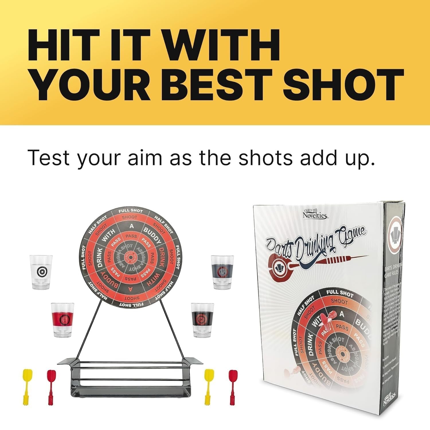 GoHooked dartboard drinking game with 4 shot glasses and 4 darts, featuring a multicolor board with drink commands.