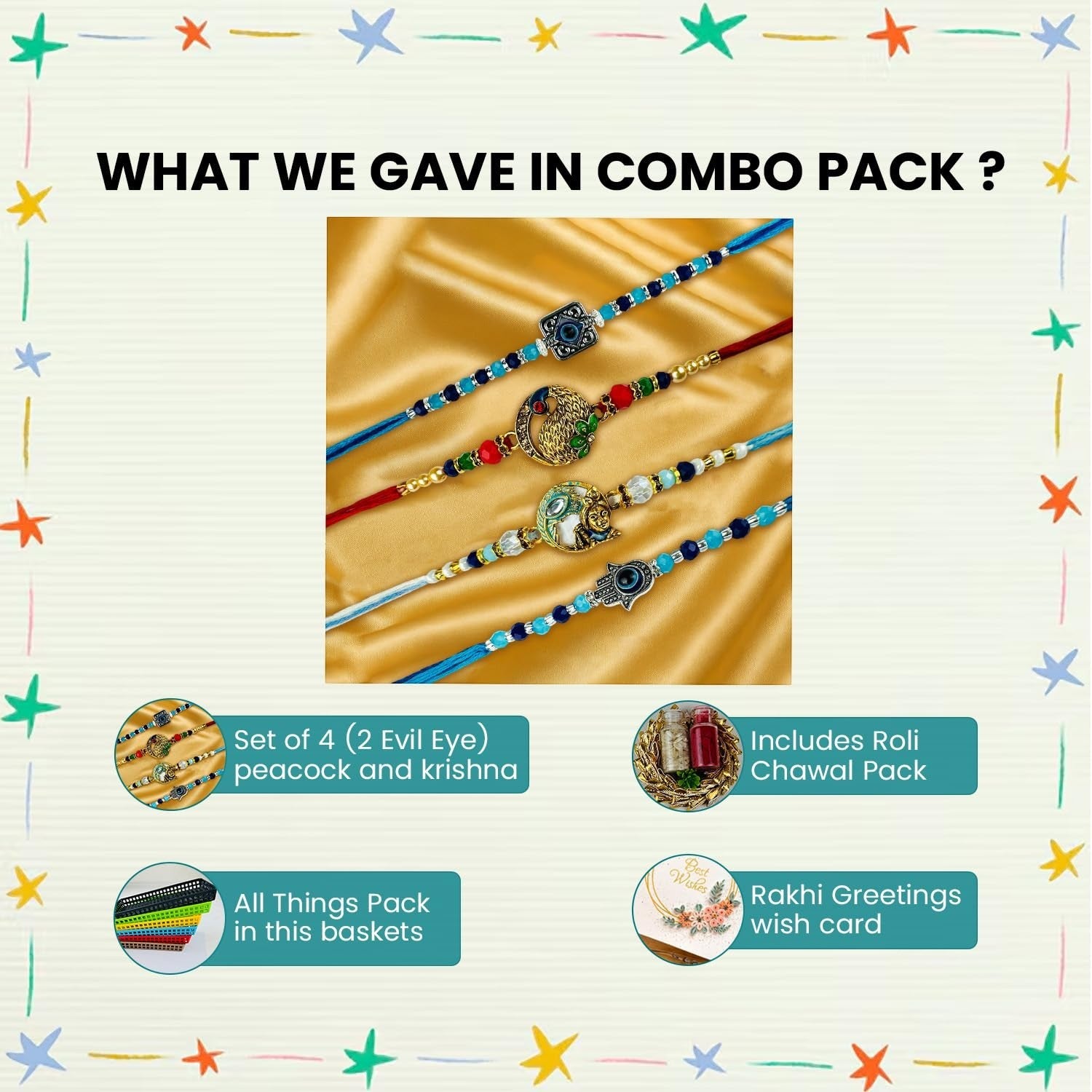 GoHooked set of 4 designer rakhis with evil eye, peacock, and Krishna motifs, pearl beads, and cotton threads.