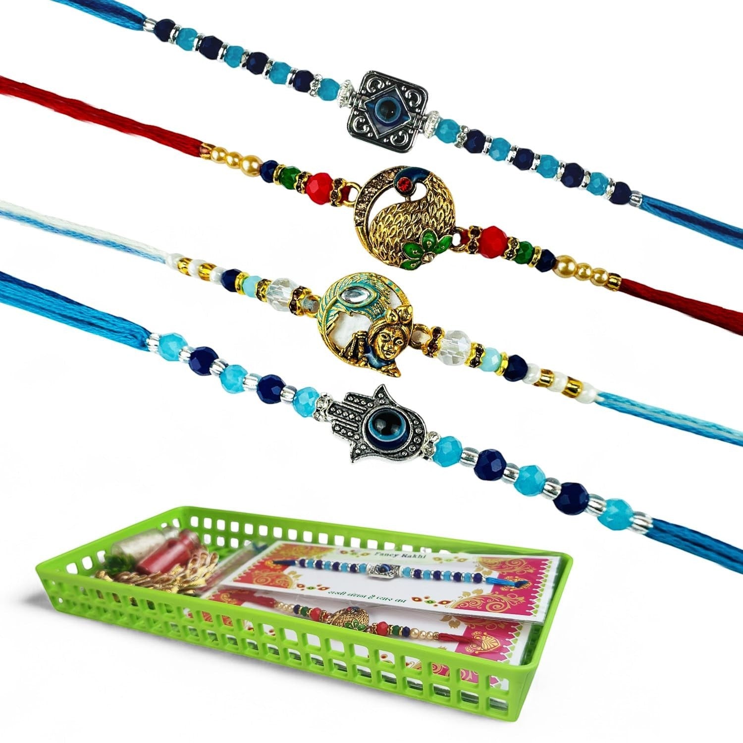 GoHooked set of 4 designer rakhis with pearl beads, evil eye, peacock, and Hamsa hand charms. Includes roli chawal vials and tray.