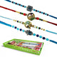 Go Hooked Set of 4 Designer Rakhi for Bhaiya and Bhabhi with Roli Chawal Vials Greeting Card and Storage Tray | Raksha Bandhan Gift Combo Set | Beautiful Pearl Beads Aesthetic Rakhi for Brother