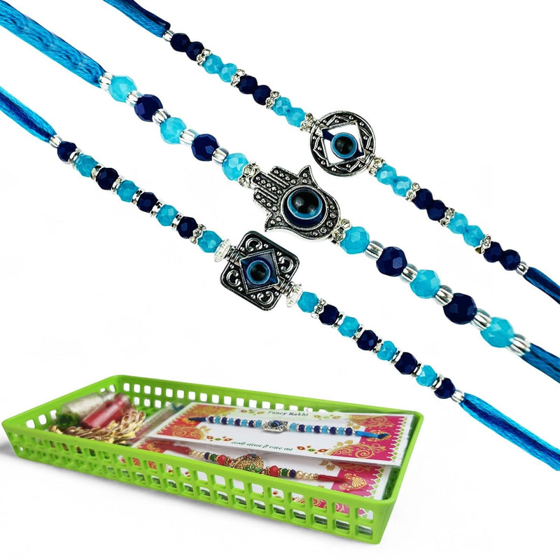 GoHooked set of 3 blue and multicolor designer rakhis with evil eye and hamsa charms, pearl beads, and cotton threads.