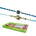 GoHooked set of 2 designer rakhis with blue beads and a Shiva motif, includes roli chawal vials and storage tray.