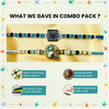 GoHooked set of 2 designer rakhis: one with an evil eye charm, the other with a Krishna motif. Blue and multicolor beads.