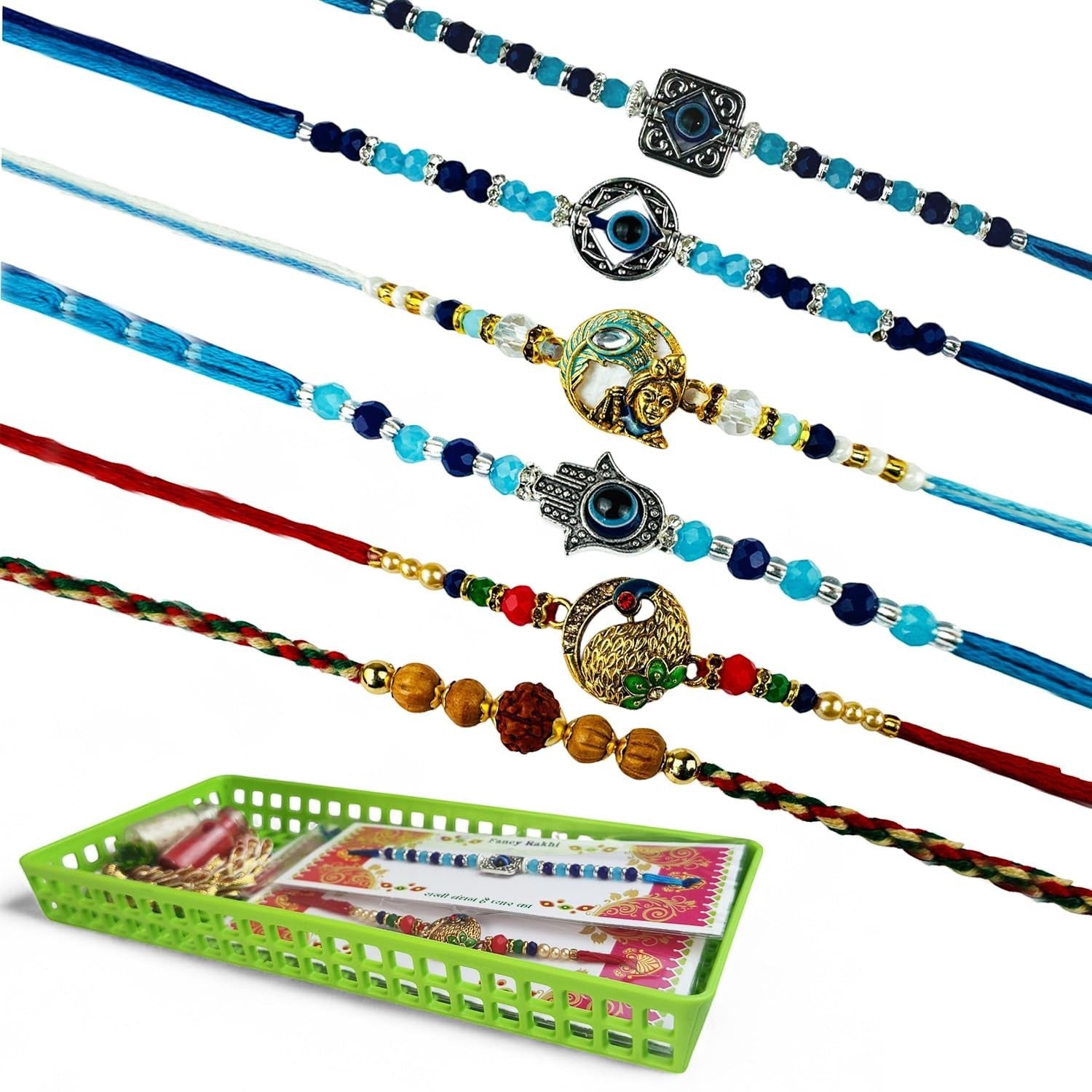 GoHooked set of 6 designer rakhis with pearl beads, evil eye, Hamsa hand, peacock, and Shiva charms. Includes roli chawal vials and tray.