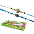 GoHooked set of 2 designer rakhis with pearl beads, one featuring a deity charm and the other a Hamsa hand with evil eye. Includes roli, chawal, and tray.