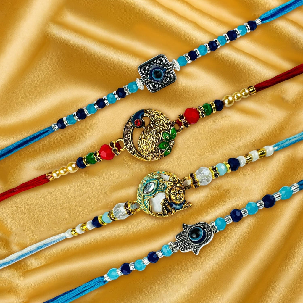 GoHooked set of 4 designer rakhis with pearl beads, peacock, Krishna, and hamsa hand charms. Multicolor.