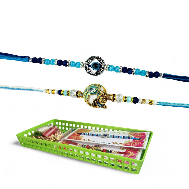 GoHooked multicolor designer rakhis with pearl beads, evil eye charm, and Lord Krishna motif. Includes roli chawal vials and storage tray.