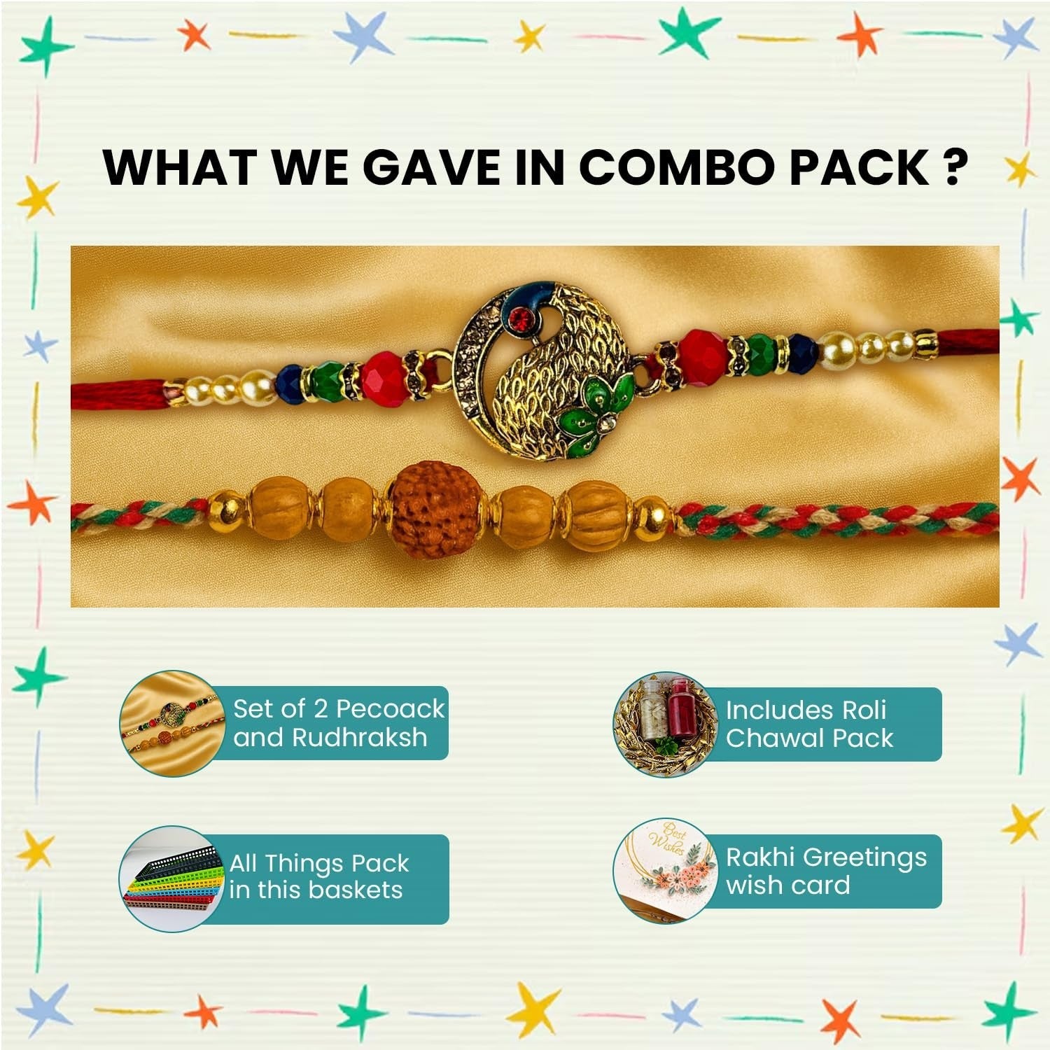 GoHooked set of 2 designer Rakhis: one with a peacock motif and beads, the other with rudraksha beads. Includes roli chawal vials and greeting card.