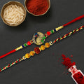 GoHooked multicolor designer rakhis with peacock and rudraksha designs, pearl beads, and roli chawal vials.