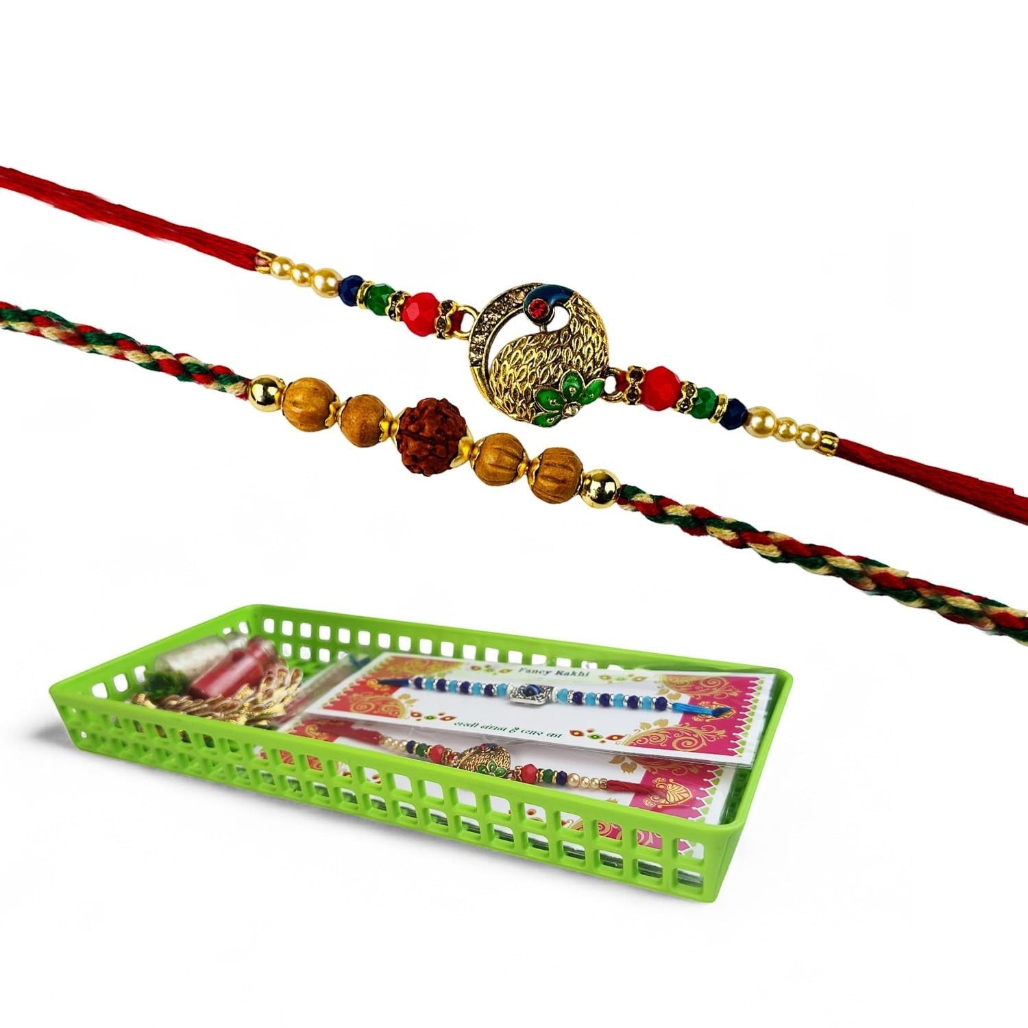 GoHooked multicolor designer Rakhi set with peacock motif, rudraksha beads, and decorative stones. Includes roli chawal vials and storage tray.