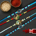 GoHooked set of 4 designer rakhis with pearl beads, peacock, Hamsa hand, and evil eye charms. Includes roli and chawal.