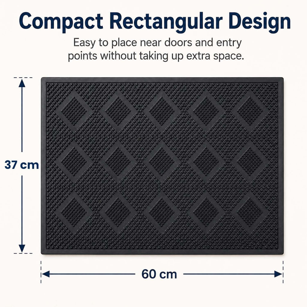 GoHooked black diamond patterned rectangular entryway doormat, 60x37 cm, durable rubber with textured surface.