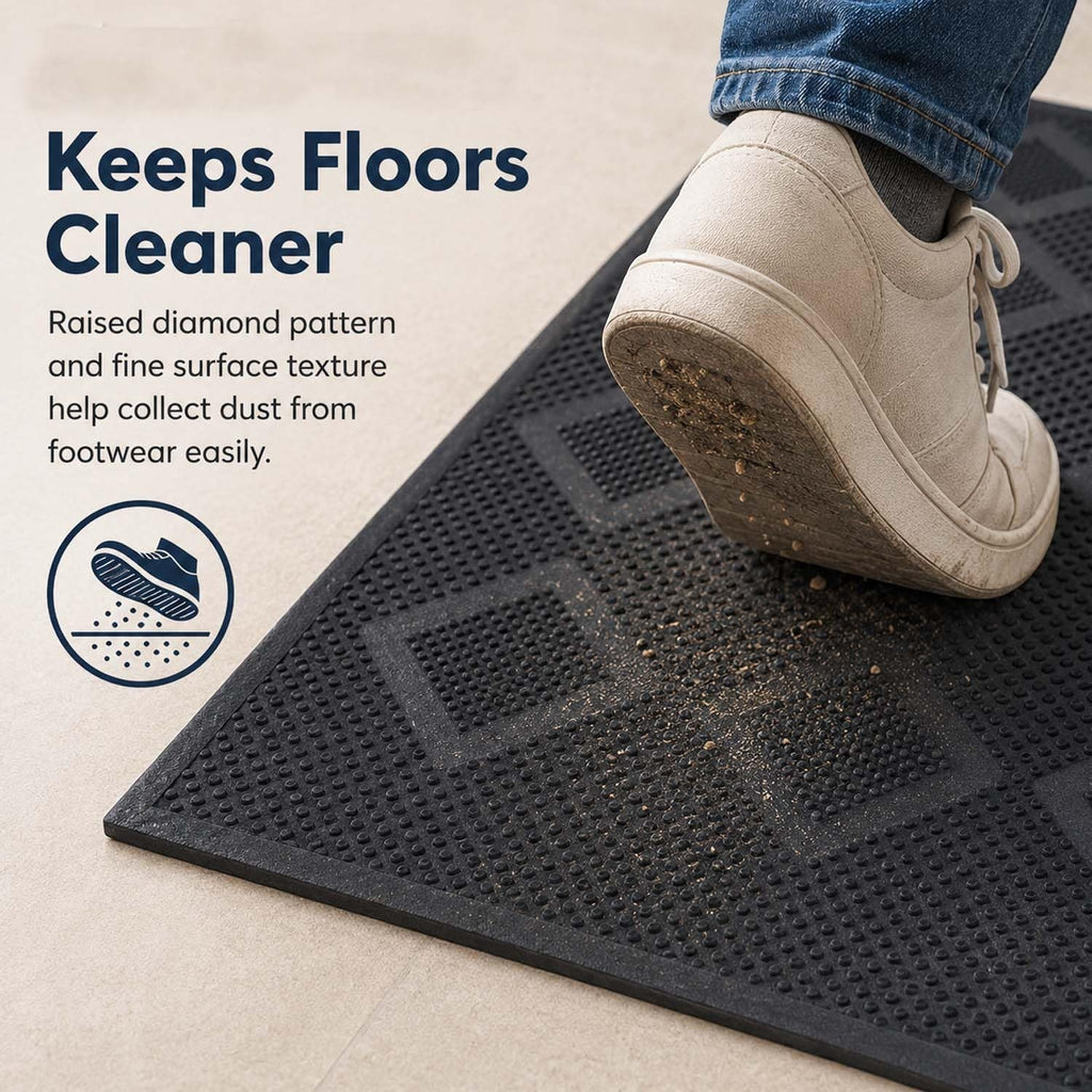 GoHooked black rubber rectangular doormat with raised diamond pattern to scrape dirt from shoes.
