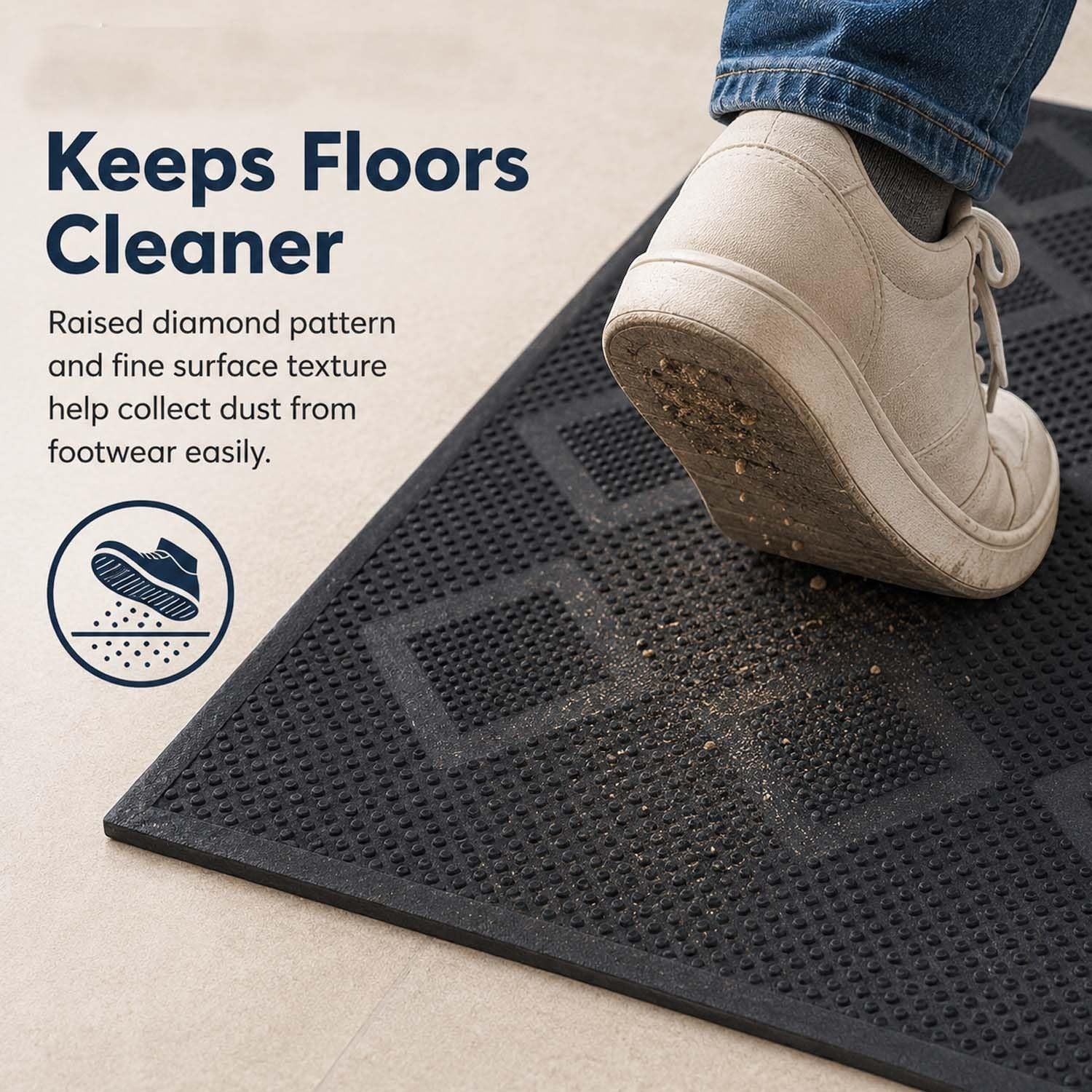 GoHooked black rubber rectangular doormat with raised diamond pattern to scrape dirt from shoes.