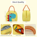 Go Hooked yellow Oxford cloth lunch bag with blue dinosaur print and orange handles. Insulated interior, zipper closure.