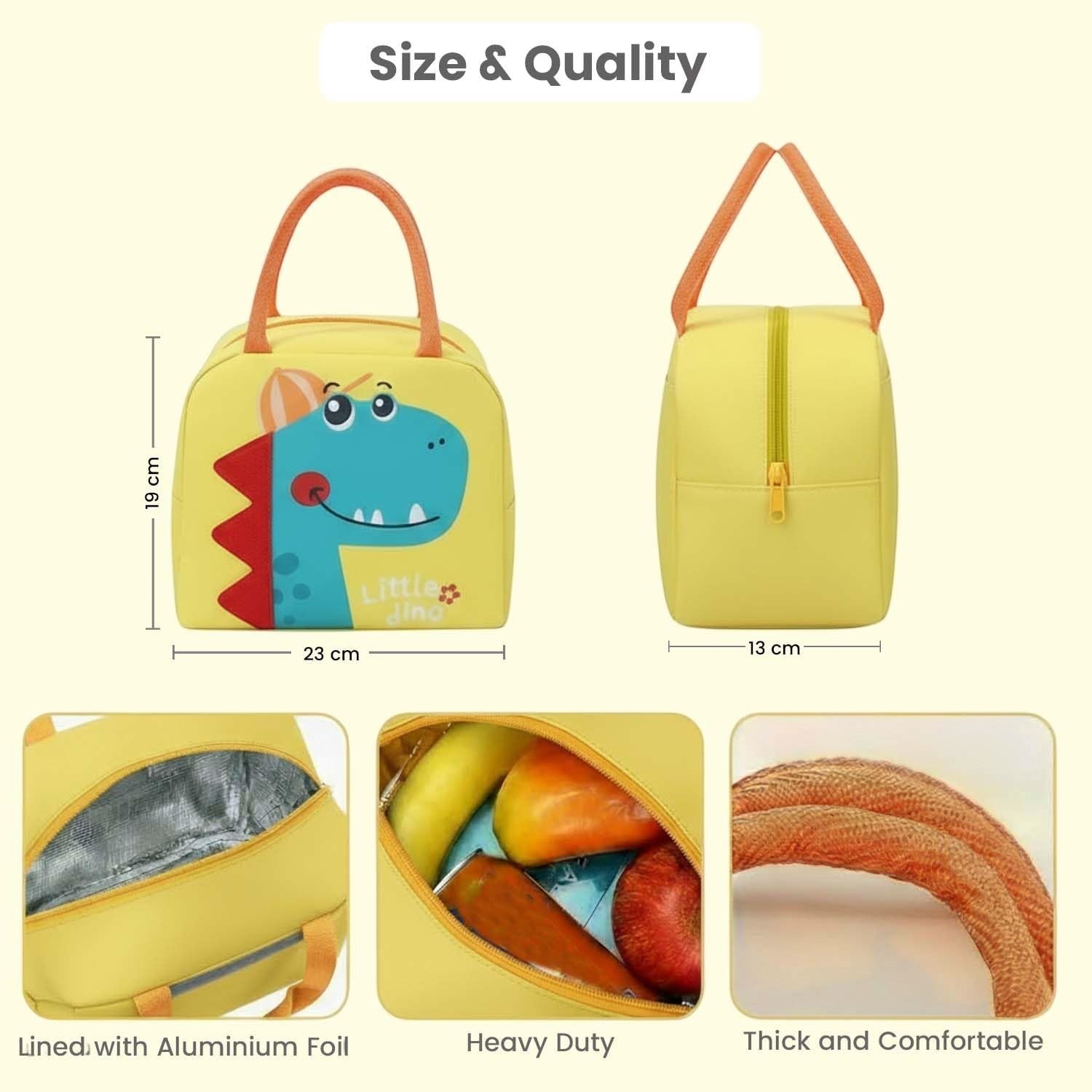 Go Hooked yellow Oxford cloth lunch bag with blue dinosaur print and orange handles. Insulated interior, zipper closure.