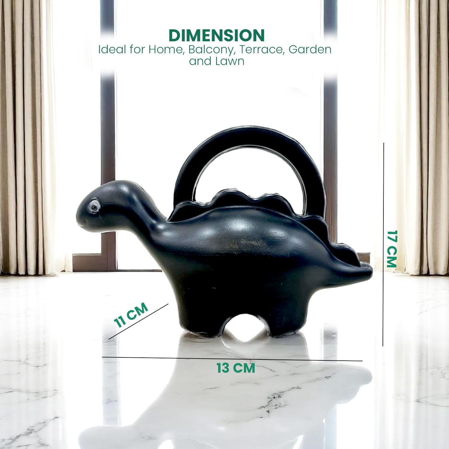 GoHooked gray plastic dinosaur watering can, 1 liter capacity, fun for kids' gardening.