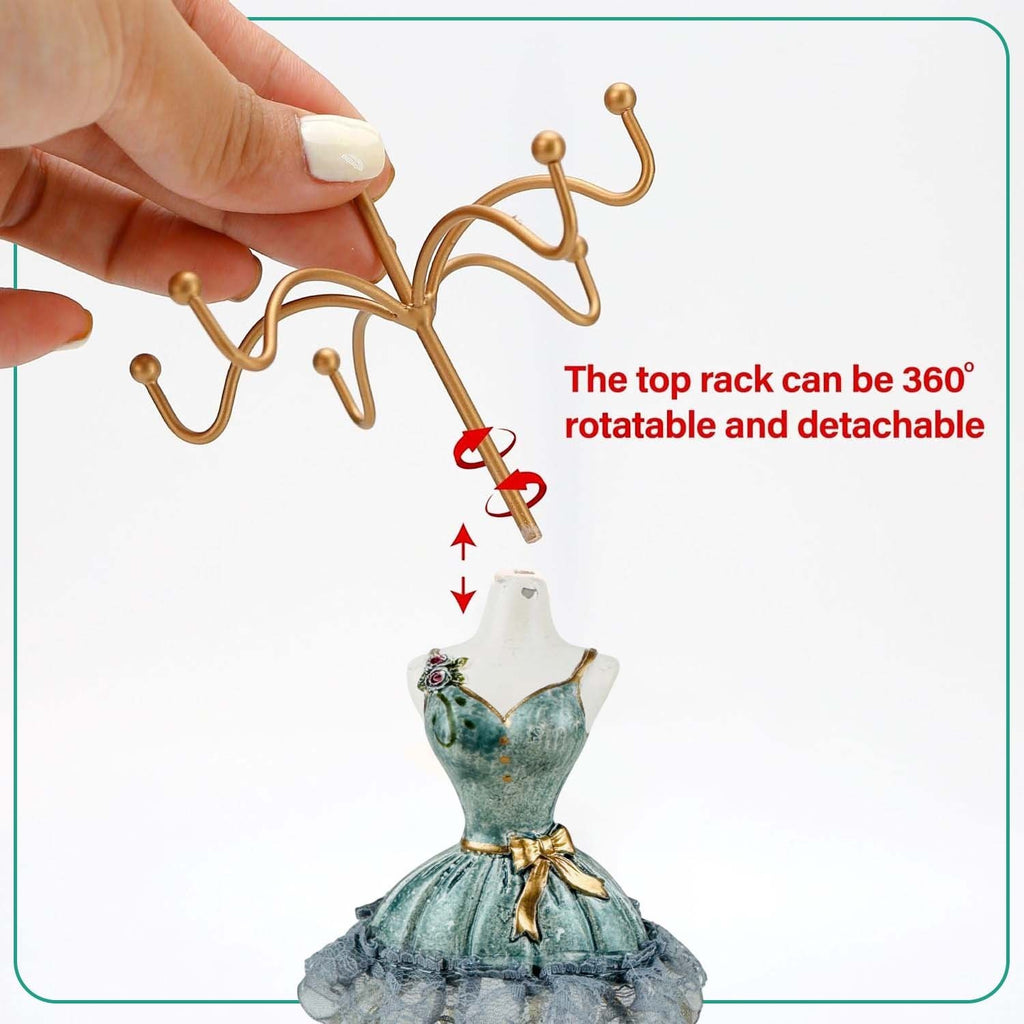 GoHooked grey doll dress jewelry stand with a detachable 360-degree rotatable gold metal hook rack for accessories.