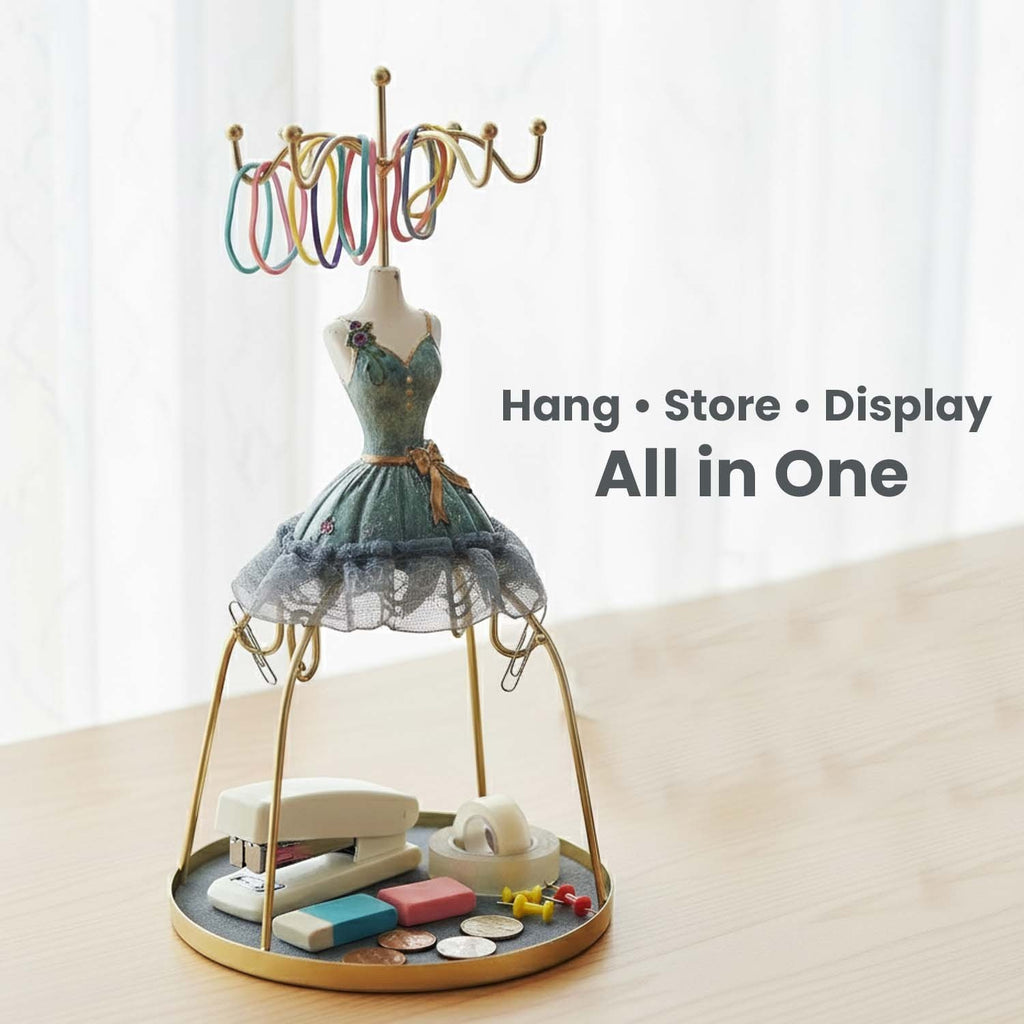 GoHooked doll dress jewelry holder stand in grey with metal hooks for accessories and a round base tray for storage