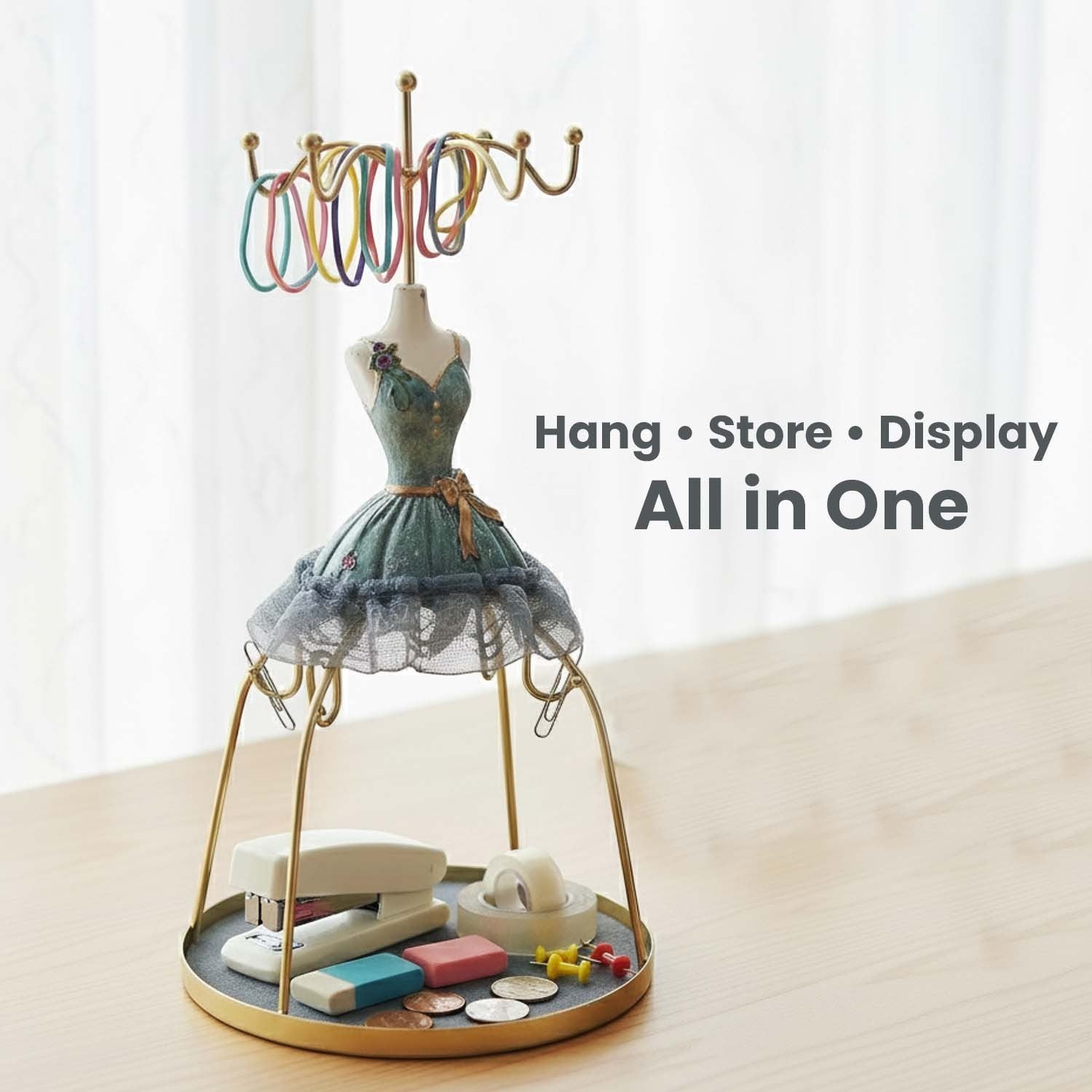 GoHooked doll dress jewelry holder stand in grey with metal hooks for accessories and a round base tray for storage
