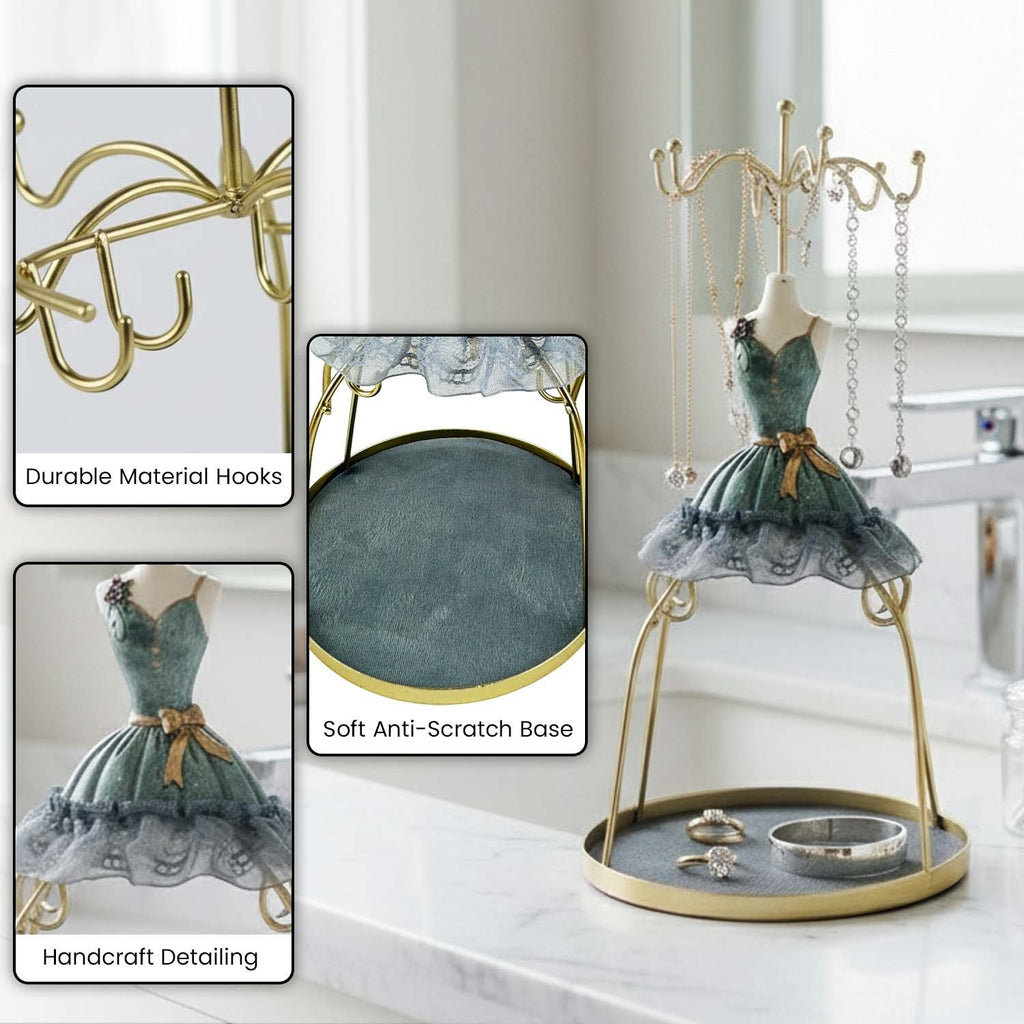 GoHooked doll dress jewelry stand in grey with gold metal hooks and a soft velvet base tray for accessories.