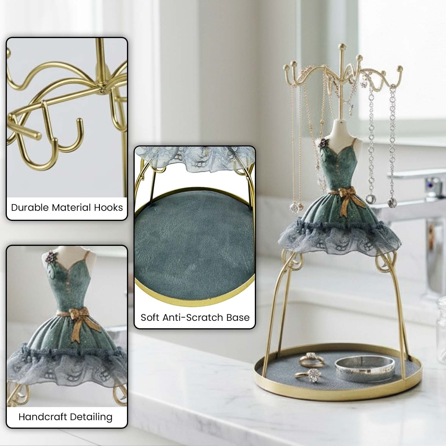 GoHooked doll dress jewelry stand in grey with gold metal hooks and a soft velvet base tray for accessories.